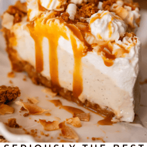 Pin image of coconut cream pie on a plate with caramel.