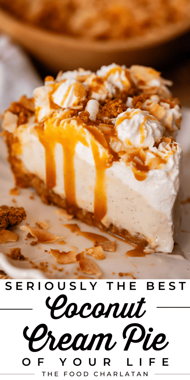 Pin image of coconut cream pie on a plate with caramel.