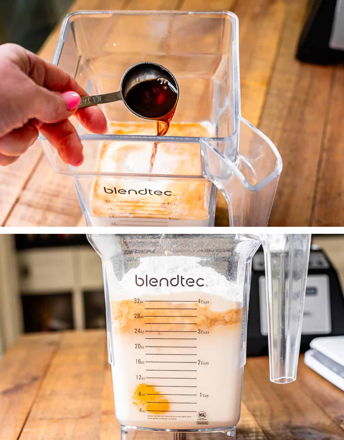 top pouring vanilla into the blender, bottom blender from the side showing ingredients to blend.