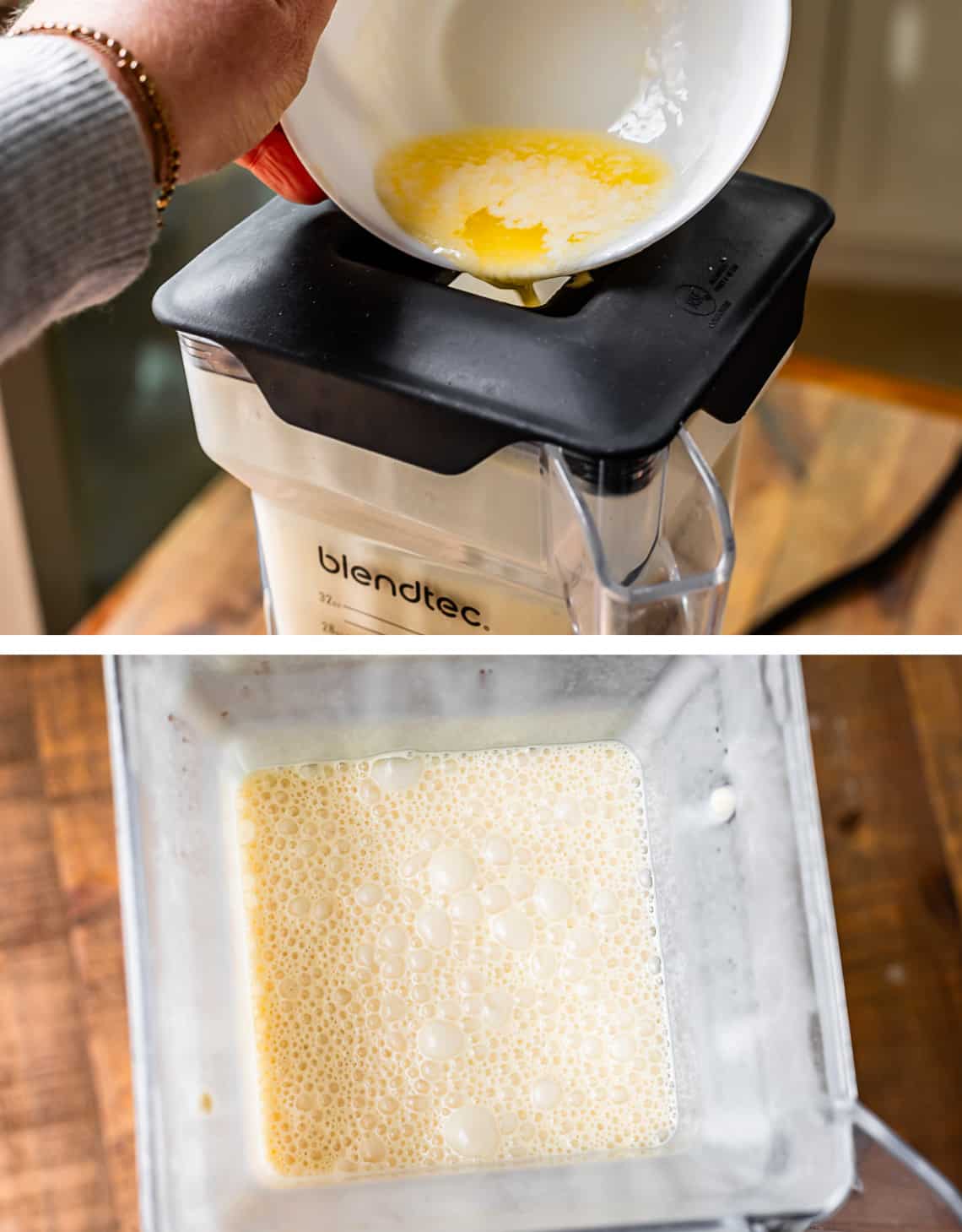 top adding melted butter to the blender while it runs on low, bottom all blended and ready.