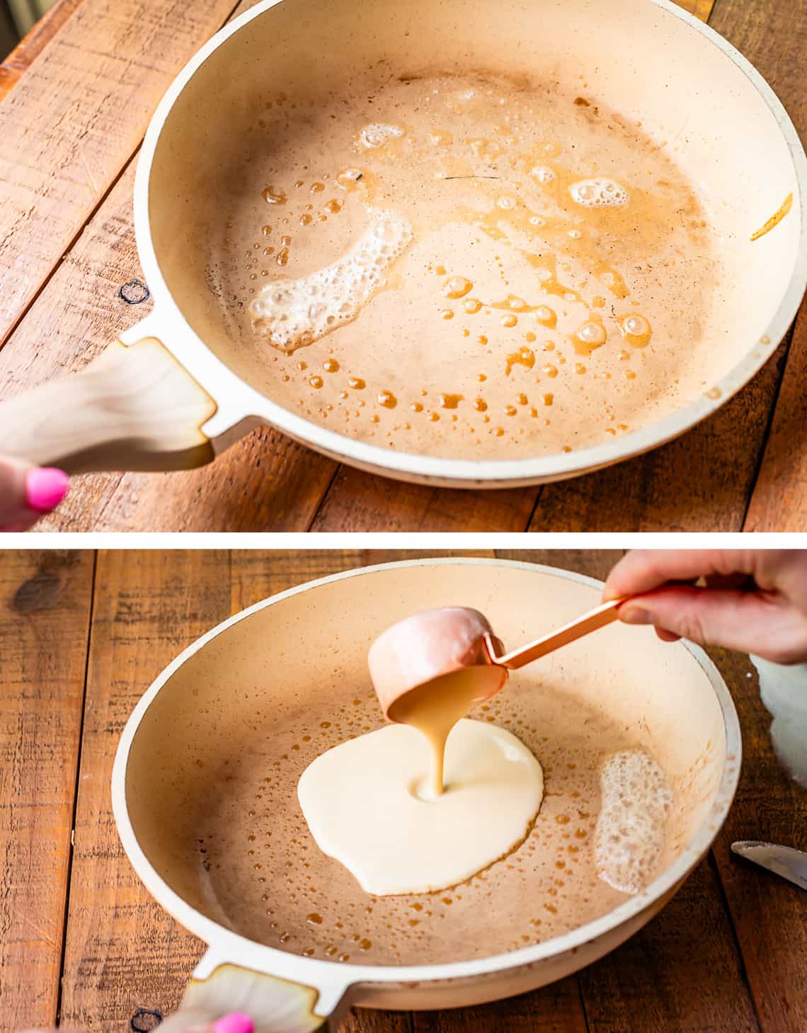 butter browning in a white frying pan, then adding crepes batter to the pan.