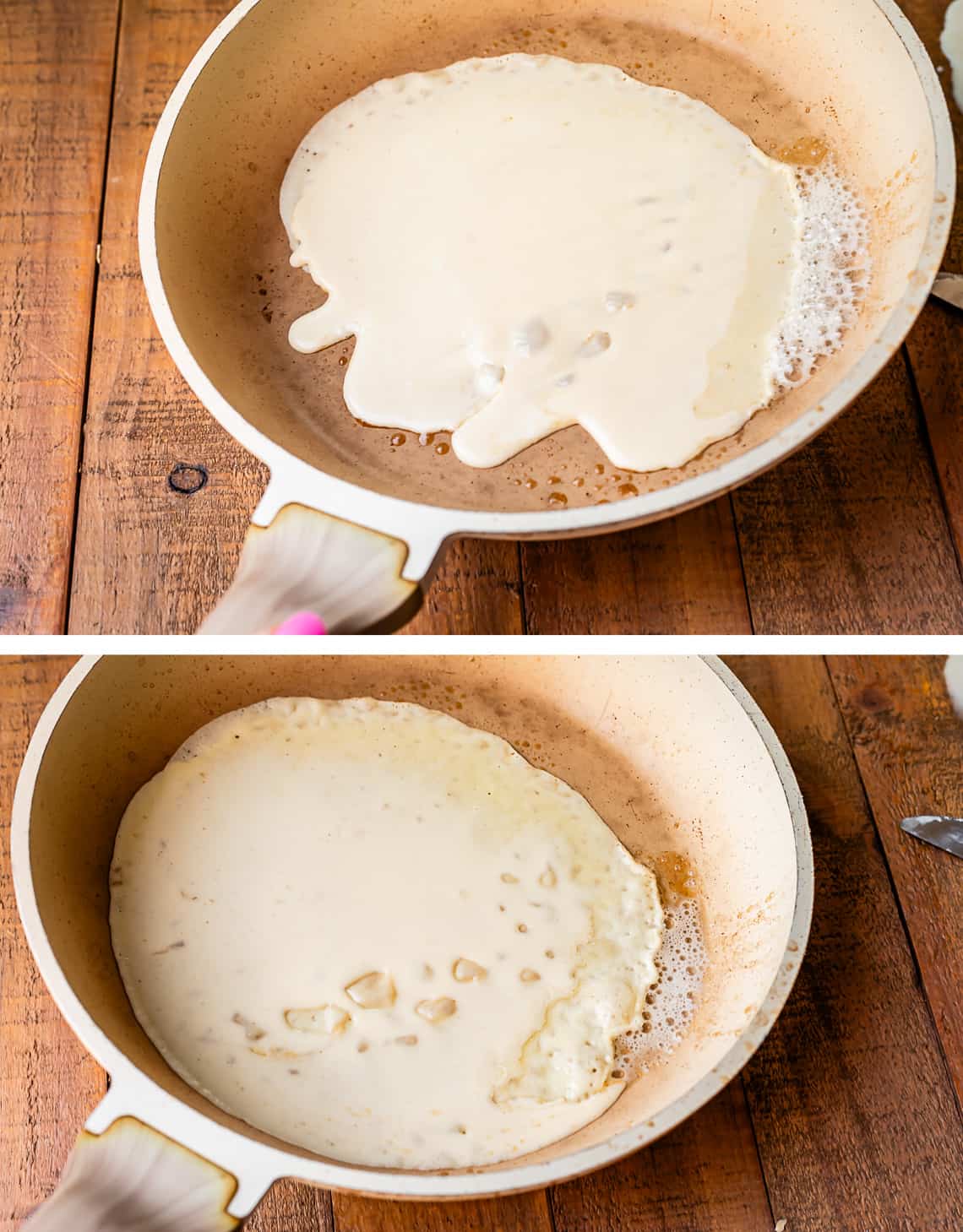 spreading crepe batter in a white frying pan, tilting pan.
