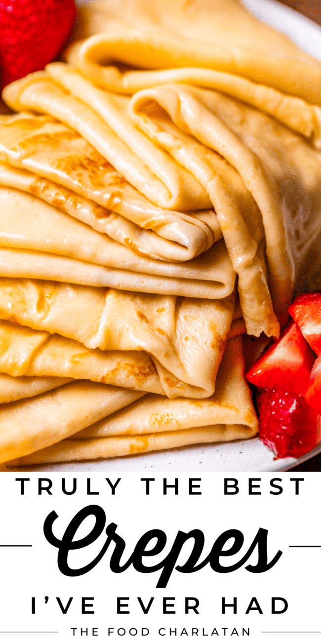pinterest image stacked folded crepes with text "truly the best crepes I've ever had".