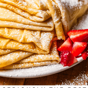 pinterest image sugar coated crepes and text "seriously the best homemade crepes".