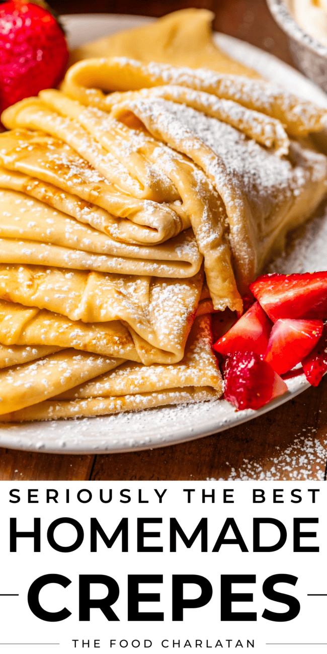 pinterest image sugar coated crepes and text "seriously the best homemade crepes".