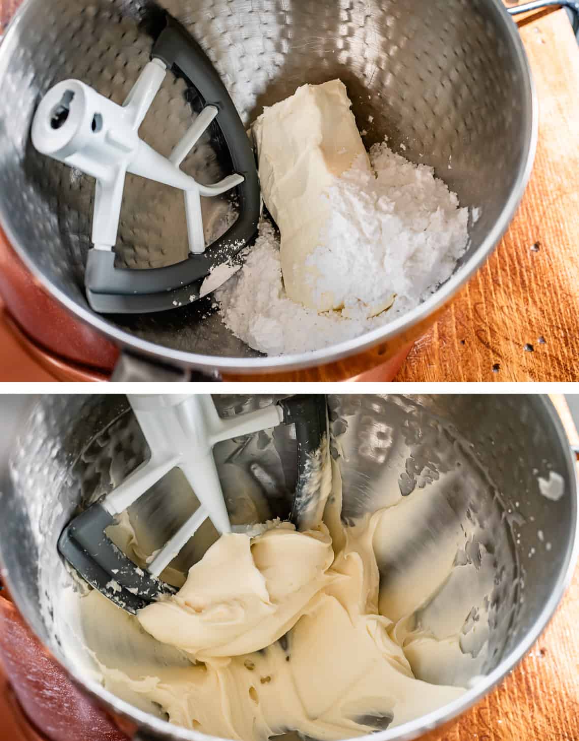 top cream cheese and powdered sugar in mixing bowl, bottom all mixed together smoothly.