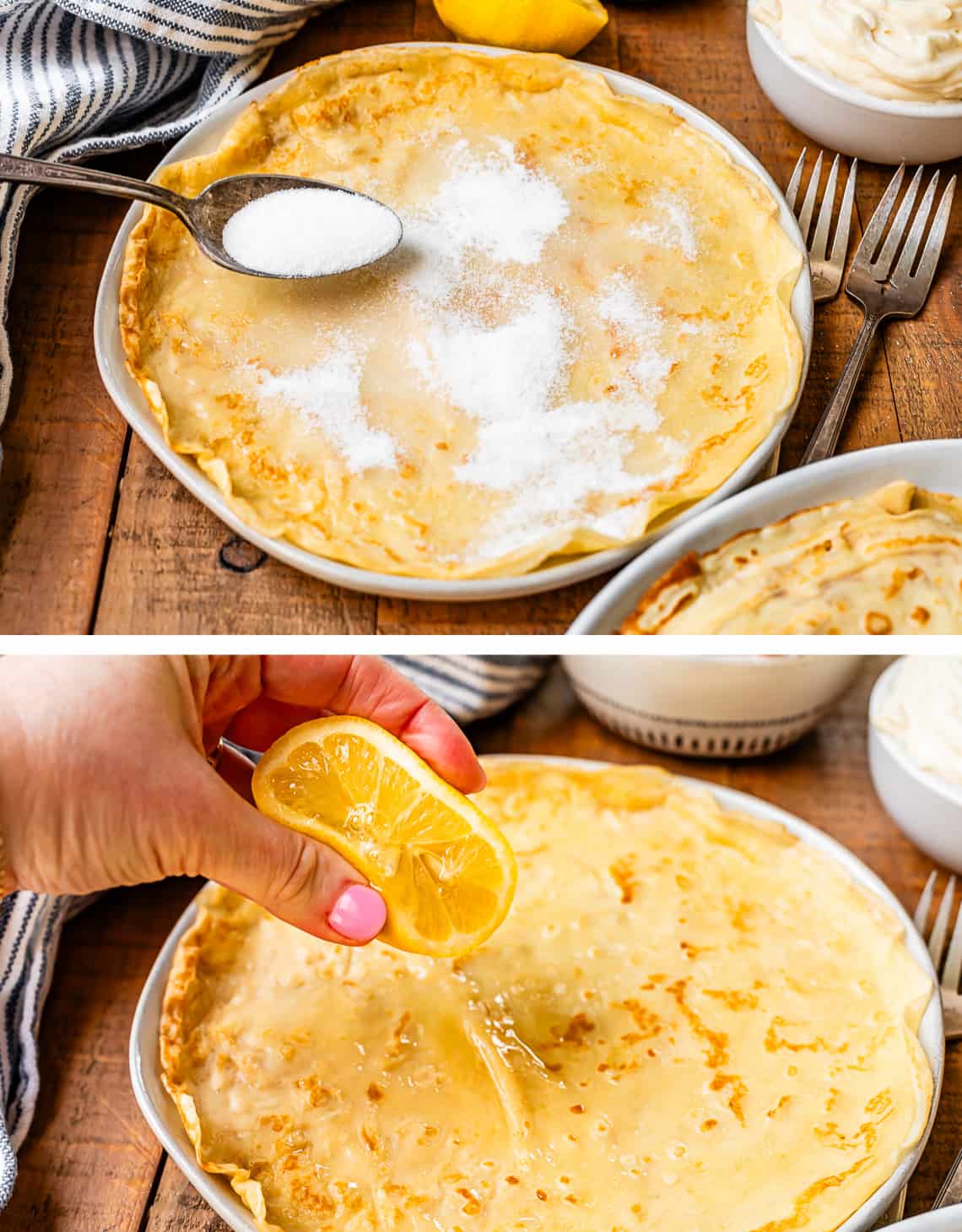 top spoon pouring sugar on a crepe, bottom squeezing juice from a lemon over both.