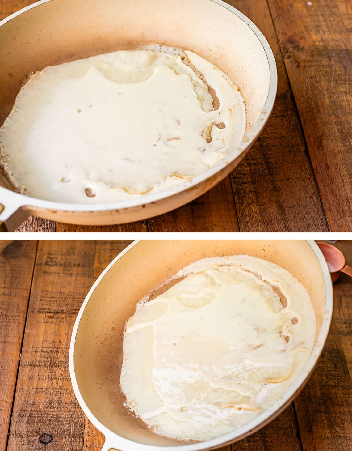 tilting a white frying pan to make batter into a crepe.