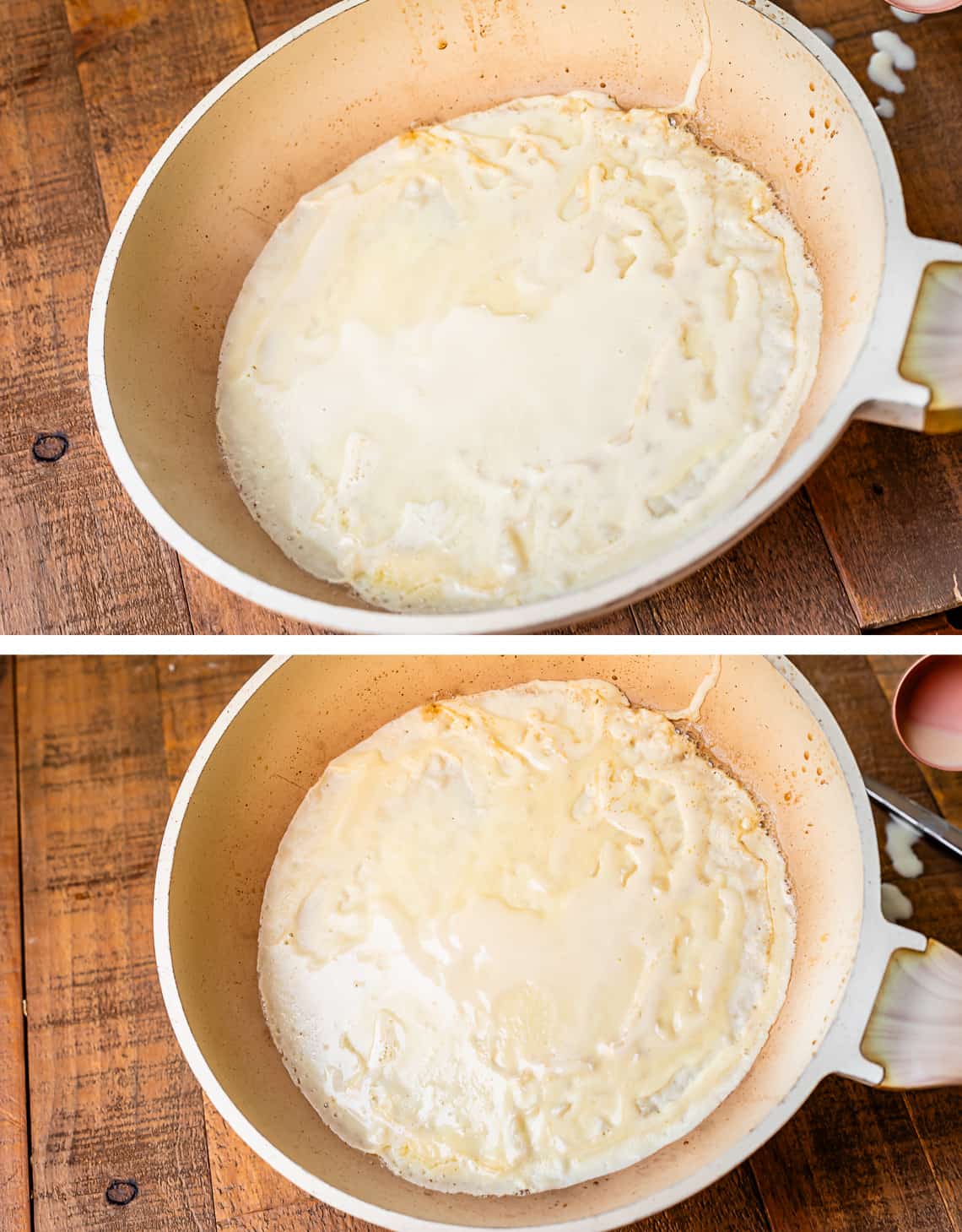 crepe batter perfectly spread out in a white pan.