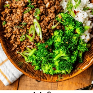 pinterest image of Korean beef bowl with text "quick & easy Korean Beef".