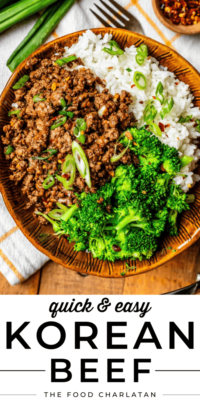 pinterest image of Korean beef bowl with text "quick & easy Korean Beef".