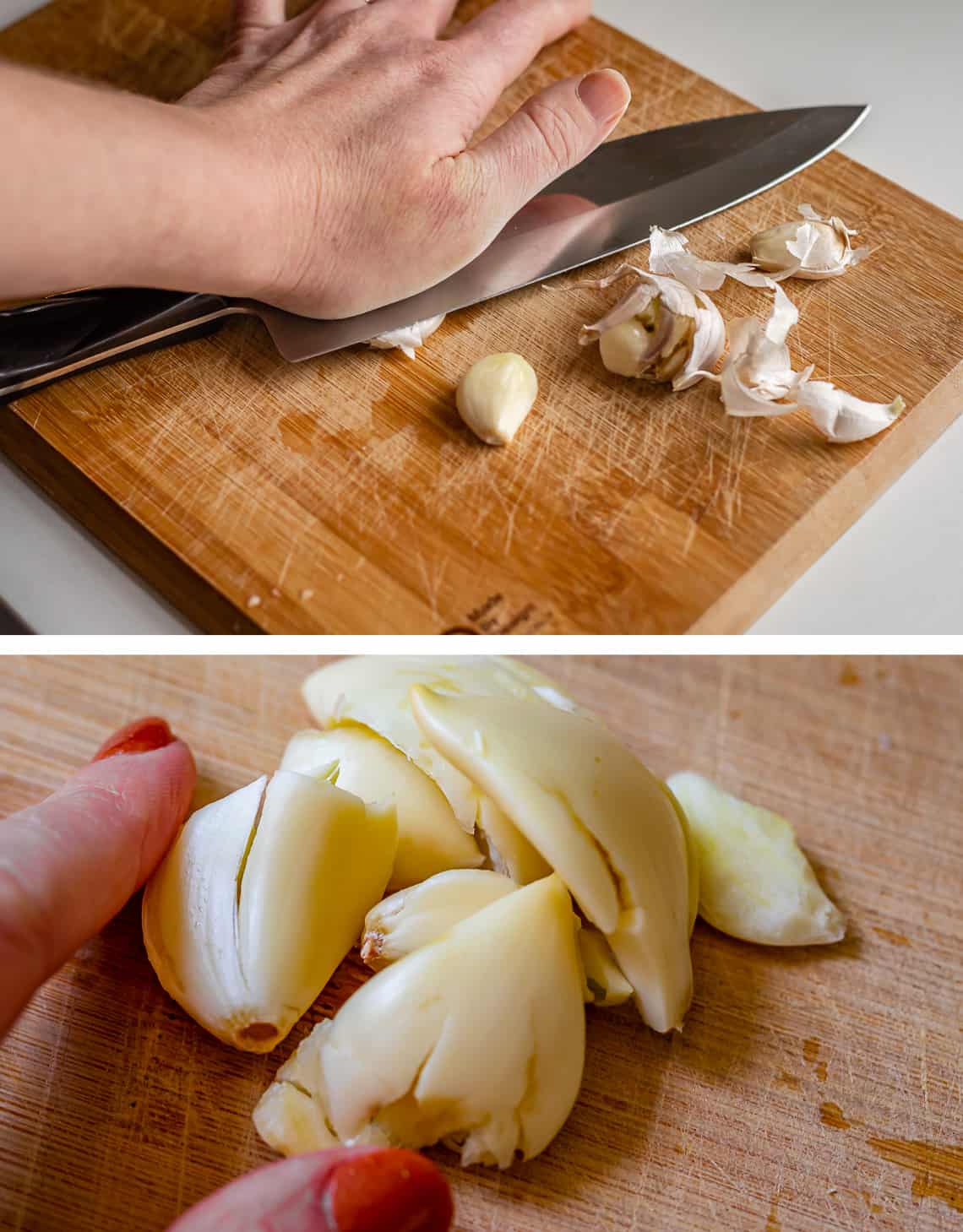 top chef's knife smashing garlic cloves, bottom fingers on smashed, skinless garlic.