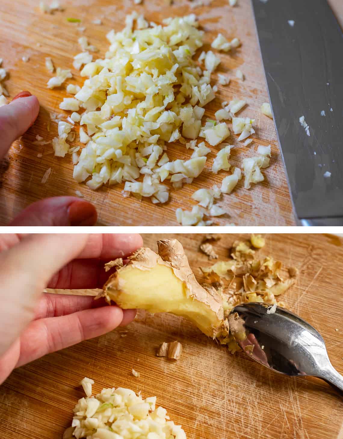 top minced garlic on a wooden chopping board, bottom peeling ginger with a spoon.