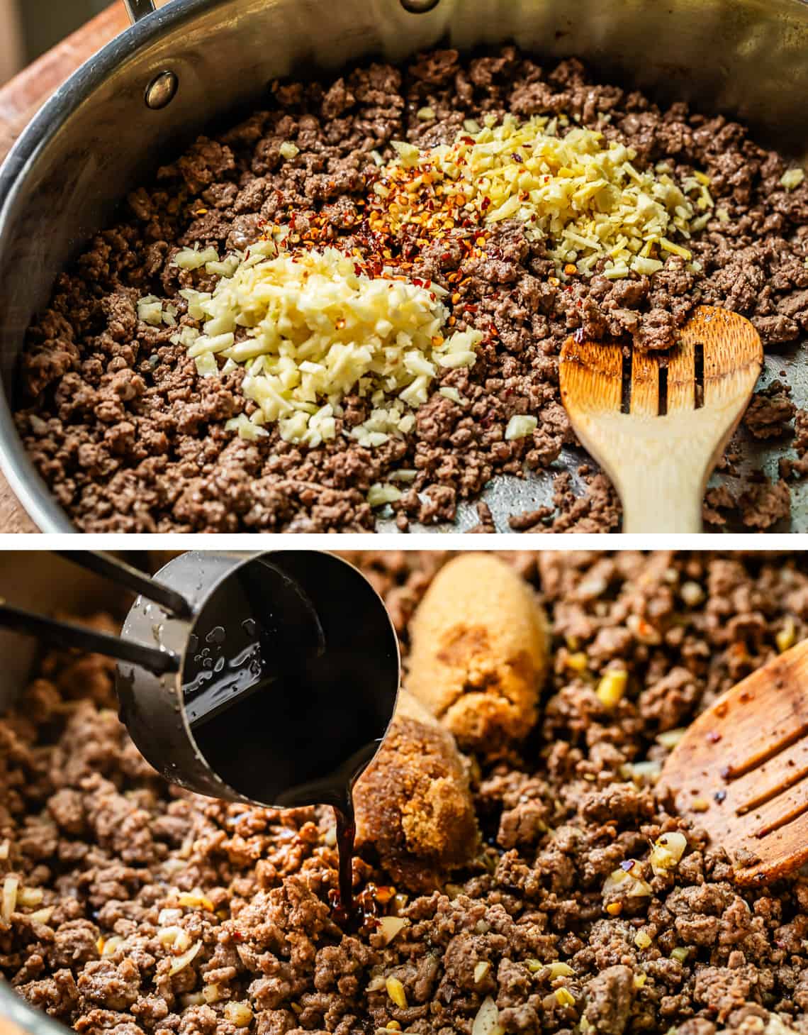 top minced ginger and garlic on top of cooked ground beef, bottom pouring in soy sauce.