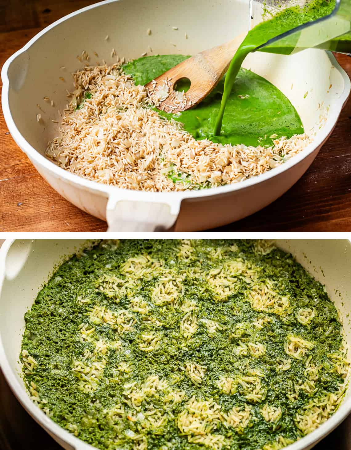 top pic pouring green liquid from blender into pot with rice, bottom cooked rice in green liquid unstirred.