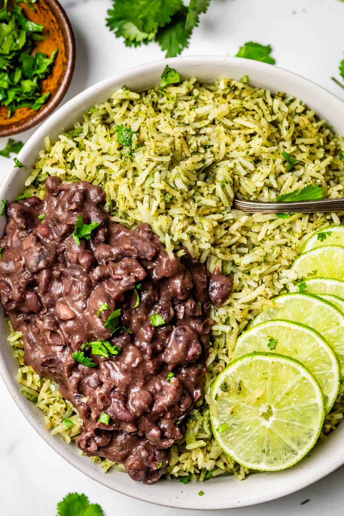 bowl of rice and beans with a spoon on a marble counter with cilantro garnish.