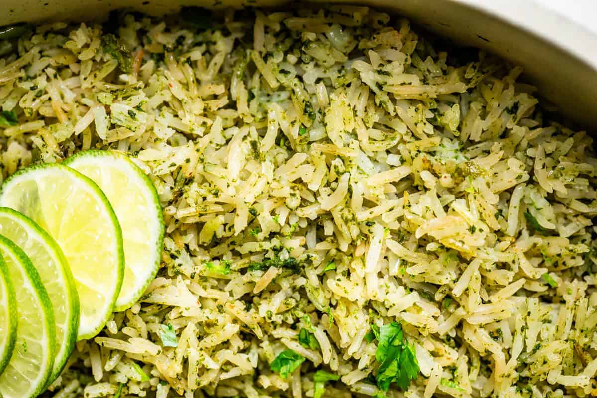 close up showing individual grains of cilantro lime rice.