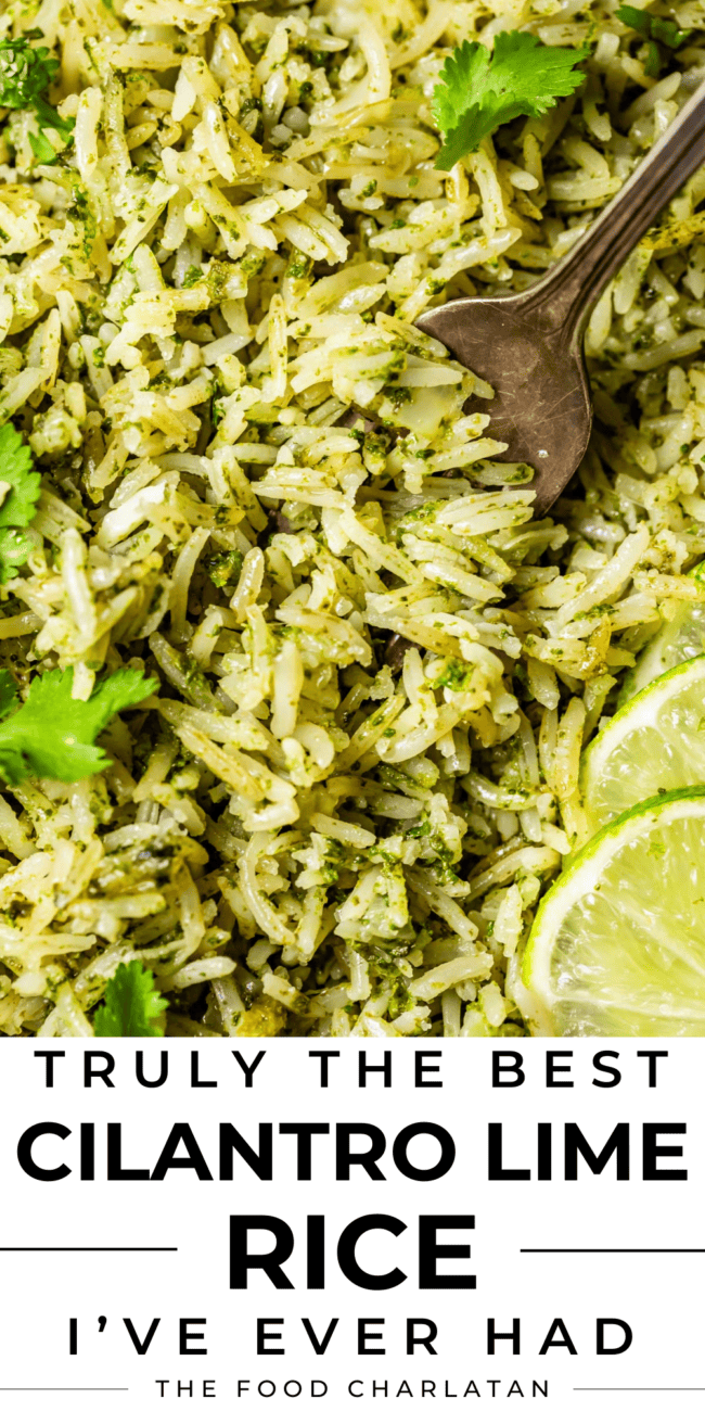 pinterest image of a metal fork digging into rice with text "truly the best cilantro lime rice I've ever had".