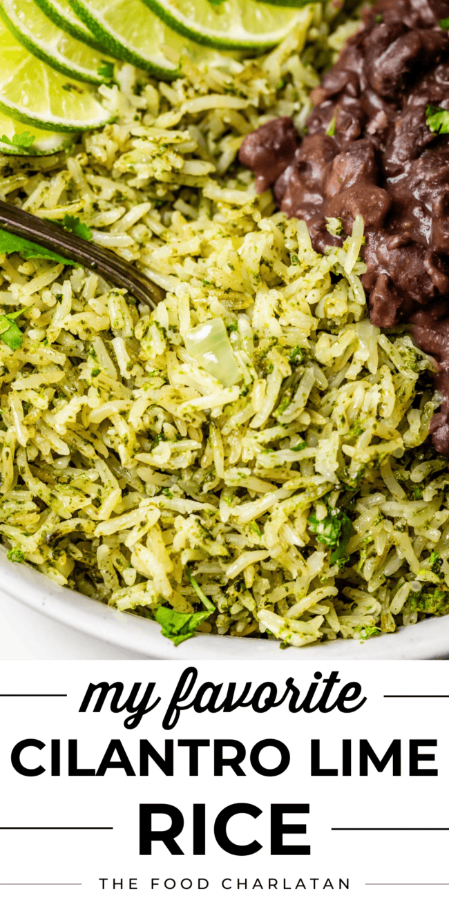 pinterest image of rice with beans and metal fork and text "my favorite cilantro lime rice".