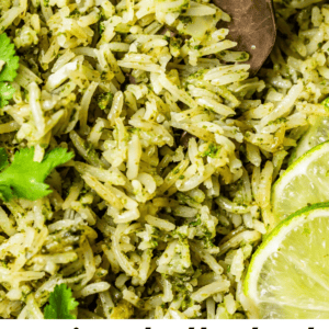 pinterest image of a metal fork digging into rice with text "seriously the best cilantro lime rice".