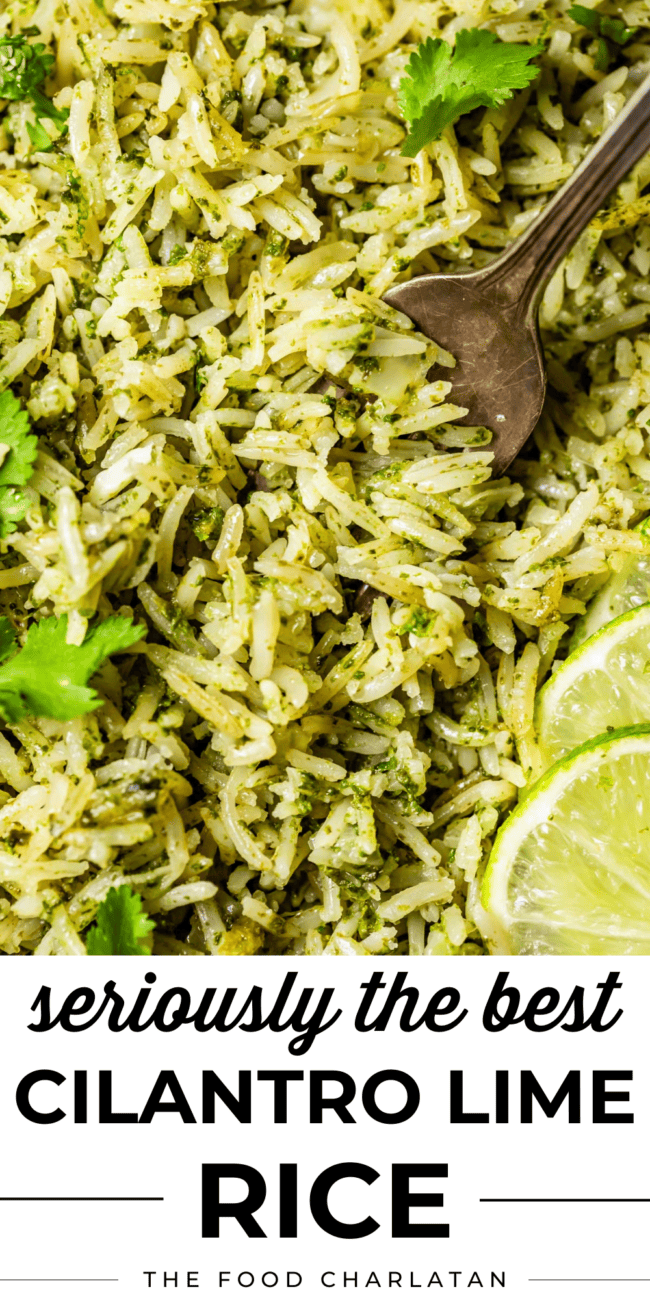 pinterest image of a metal fork digging into rice with text "seriously the best cilantro lime rice".