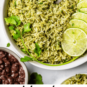 pinterest image of a bowl of rice with a fork and text "quick and easy cilantro lime rice".