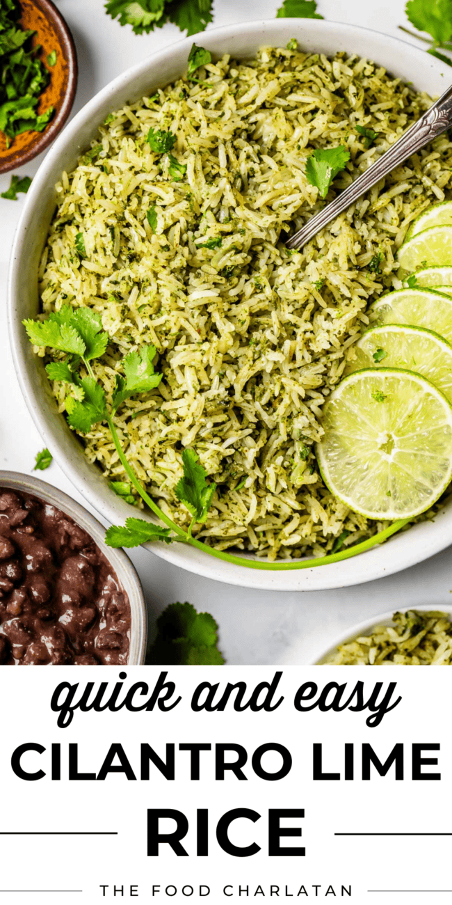 pinterest image of a bowl of rice with a fork and text "quick and easy cilantro lime rice".