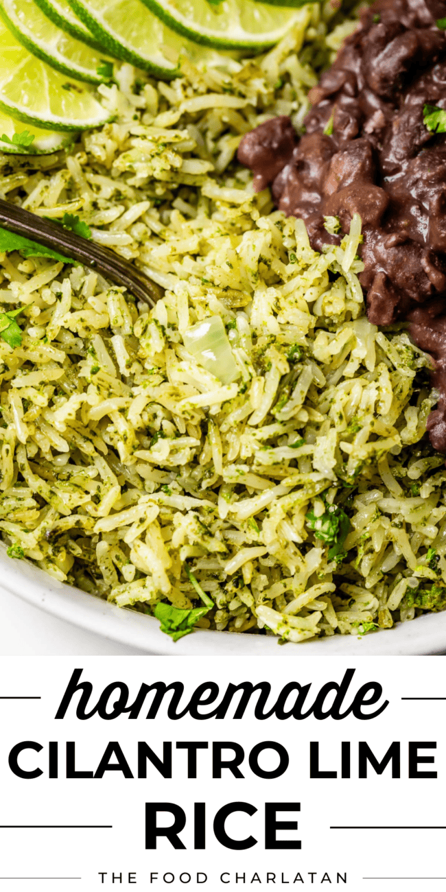 pinterest image of rice with beans and a fork with text "homemade cilantro lime rice".