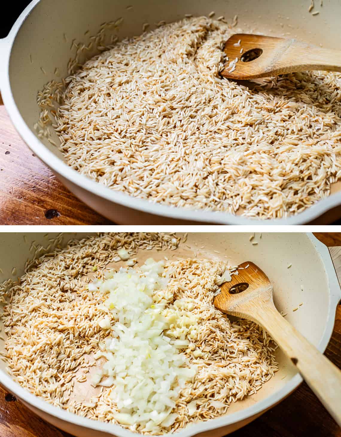 top pic rice toasting in a pot with a wooden spoon, bottom chopped onion added to rice.