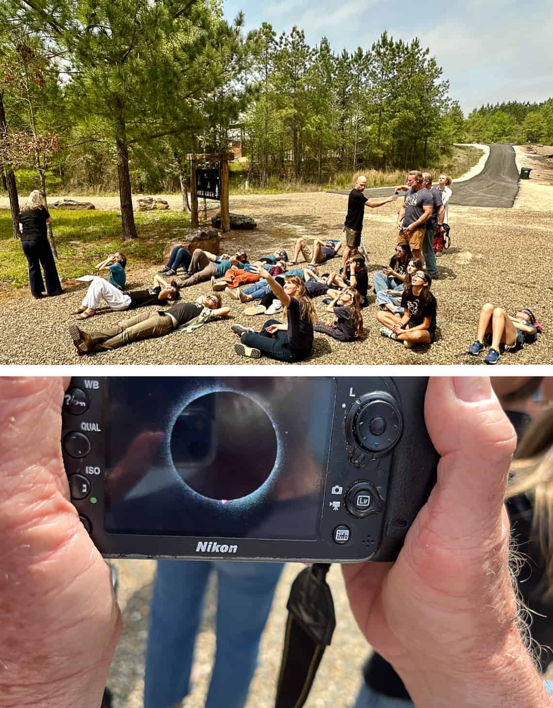 people laying down on gravel watching the sky, close up of a camera with a picture of a total eclipse.