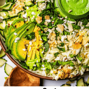 pin image green goddess salad with text "creamy & dreamy green goddess salad".