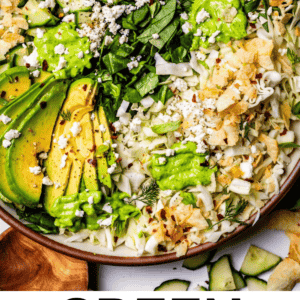 pinterest image green goddess salad with text "green goddess salad".