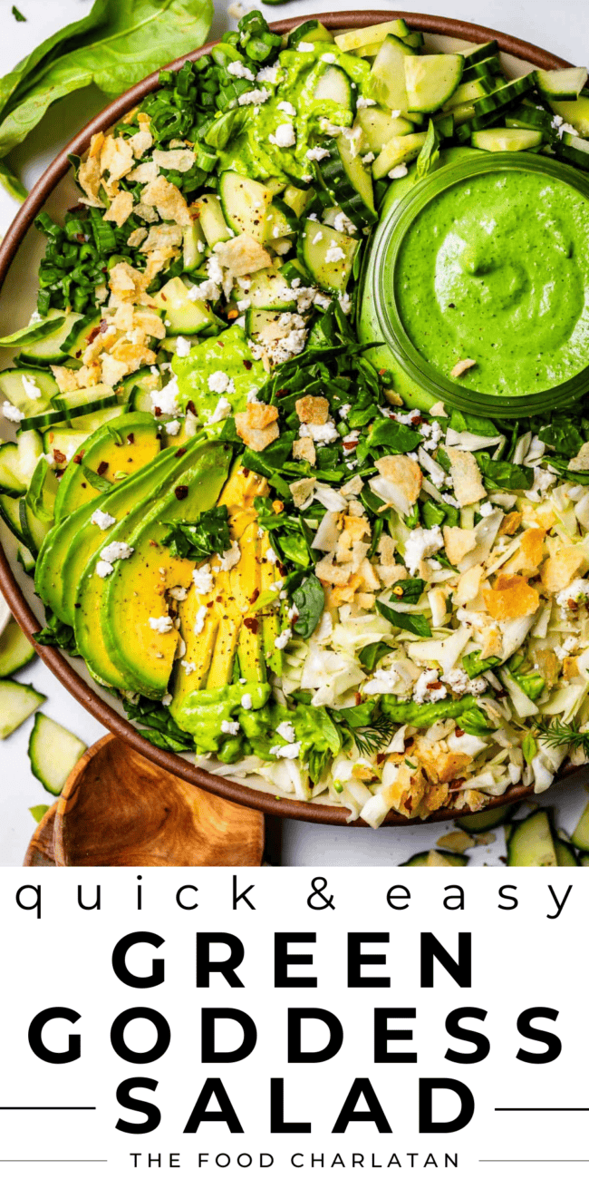 pinterest image of green goddess salad with text "quick & easy green goddess salad".