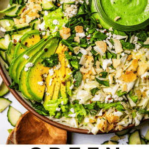pinterest image of green goddess salad with text "green goddess dressing with chopped salad".