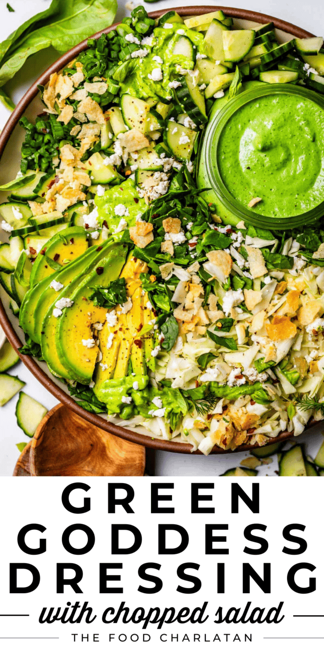pinterest image of green goddess salad with text "green goddess dressing with chopped salad".