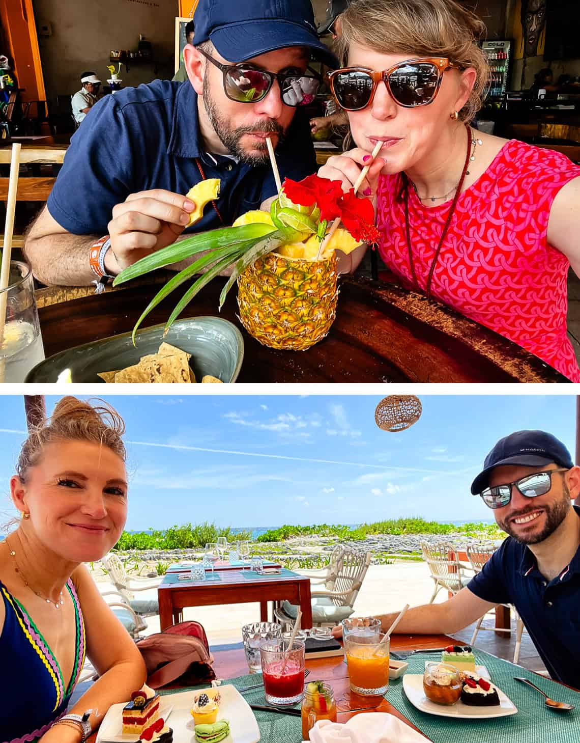 man and woman drinking from pineapple, then sitting at a lunch table by the beach.