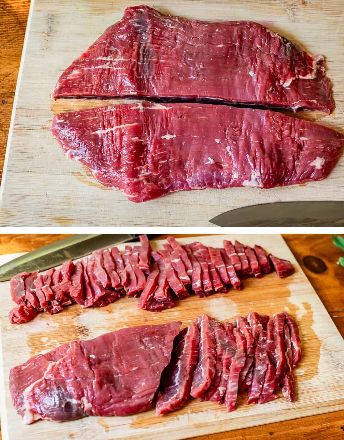 flank steak sliced in half with the grain, then sliced into strips against the grain.