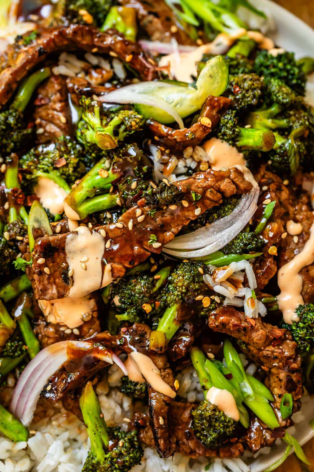 close up overhead of white plate with stripc of beef, sliced shallot, broccoli florets, and sesame seed.