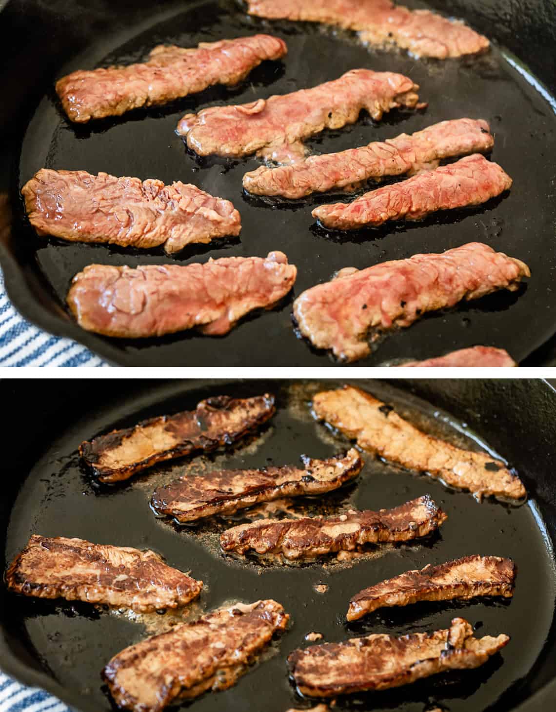 searing strips of beef in a black skillet.