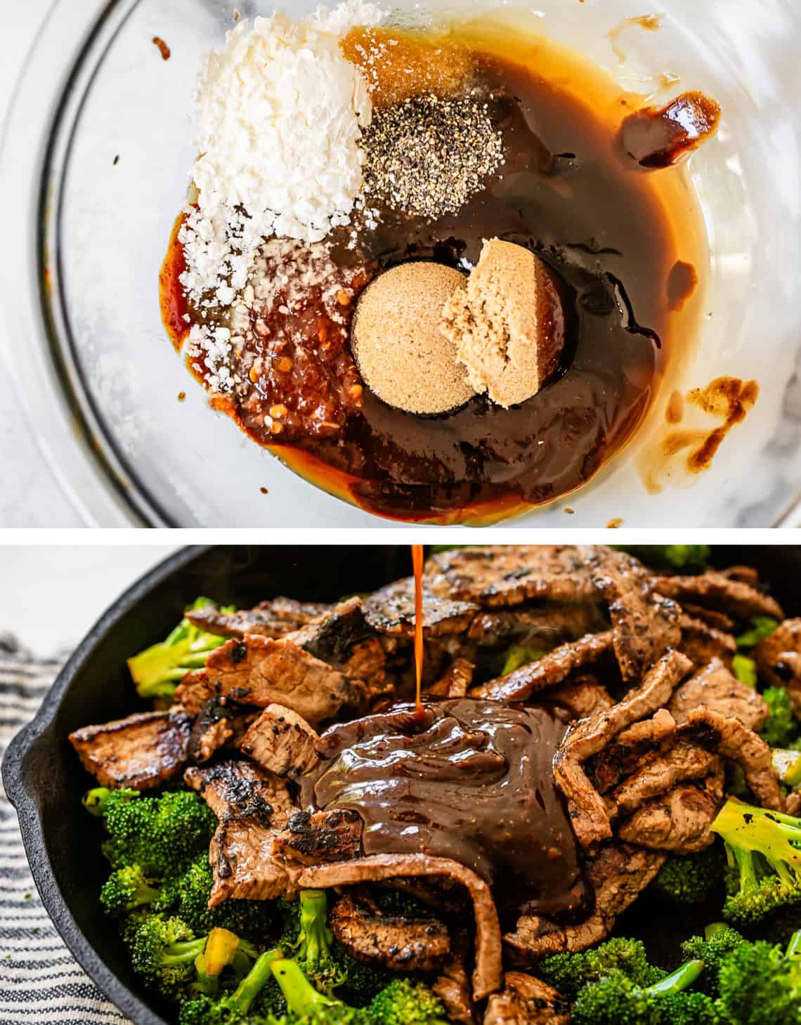 sauce ingredients in a bowl, adding sauce to beef and broccoli in black pan.