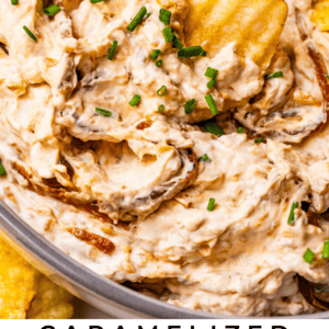 pinterest image: ceramic bowl of dip with chips and text "caramelized French Onion Dip".
