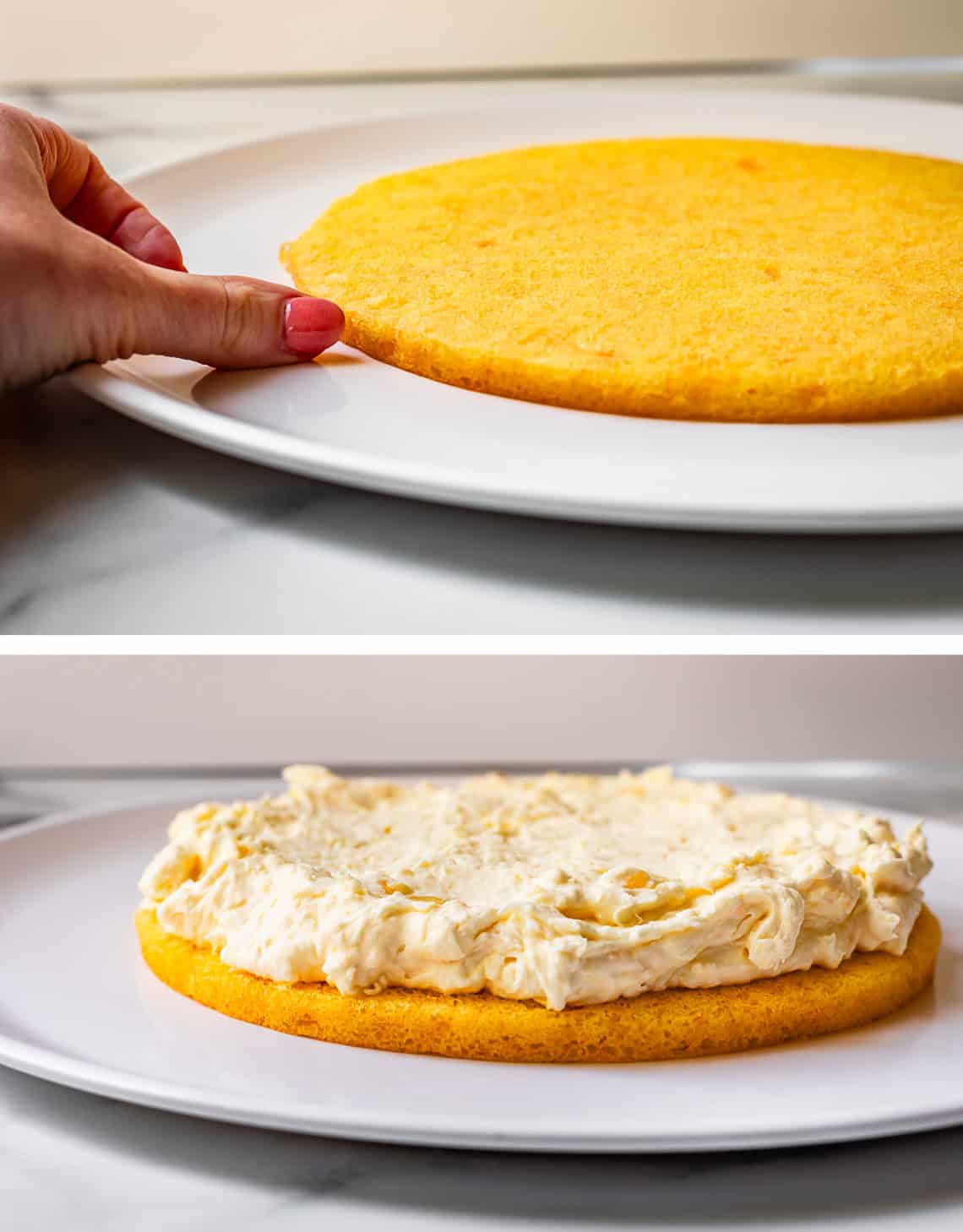 top very thin cake layer on plate with thumb, bottom layer of pineapple whipped cream on the cake.