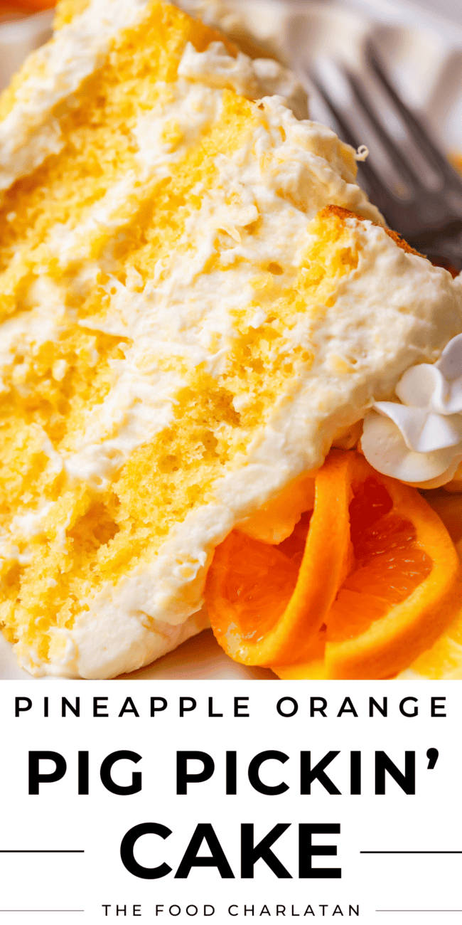 pinterest image of a 4 layer pig pickin cake with text "pineapple orange pig pickin' cake".