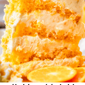 pinterest image slice of tall orange layer cake with text "light and bright sunshine cake".