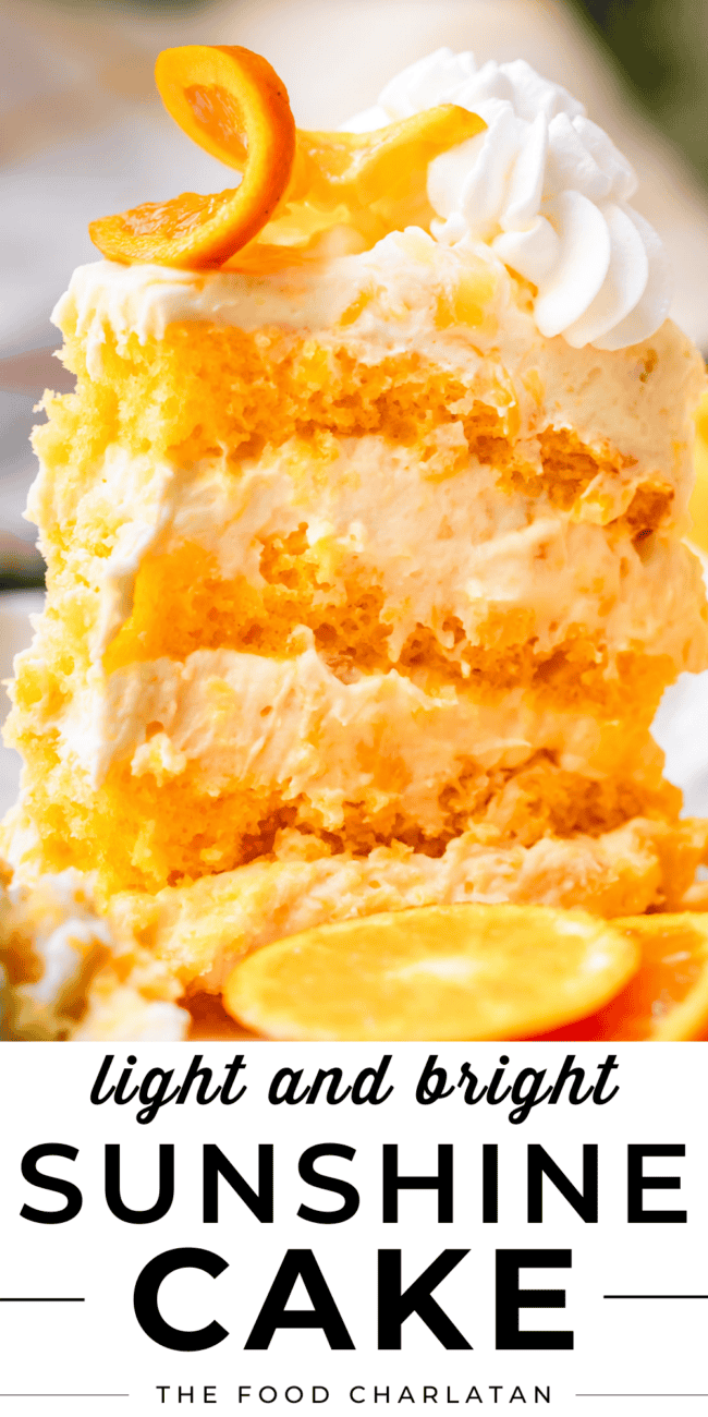pinterest image slice of tall orange layer cake with text "light and bright sunshine cake".