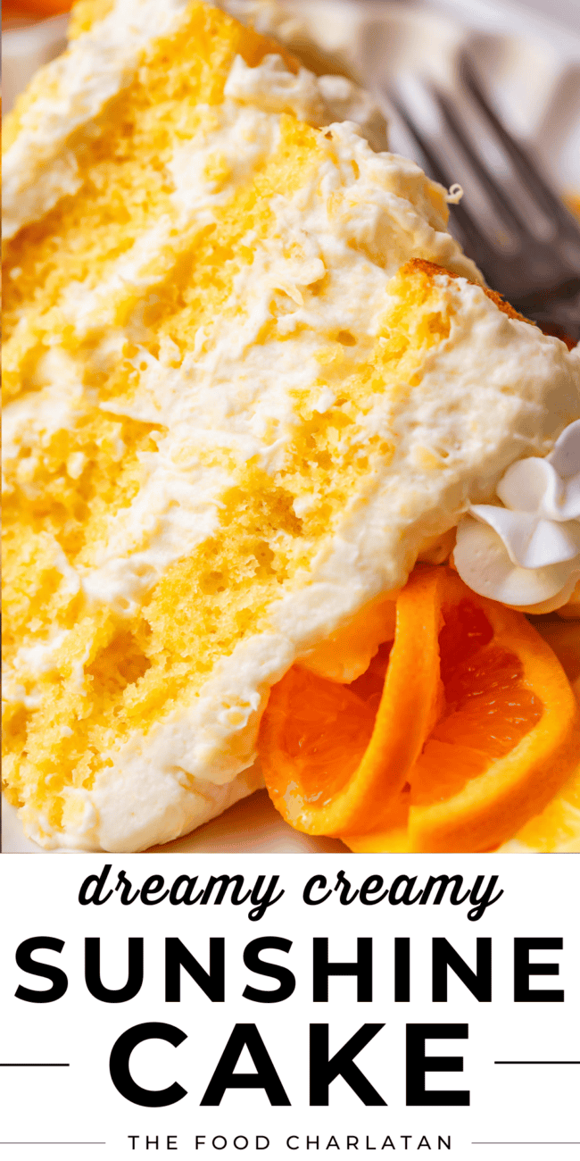 pinterest image slice of cake sideways on a plate with text "dreamy creamy sunshine cake".