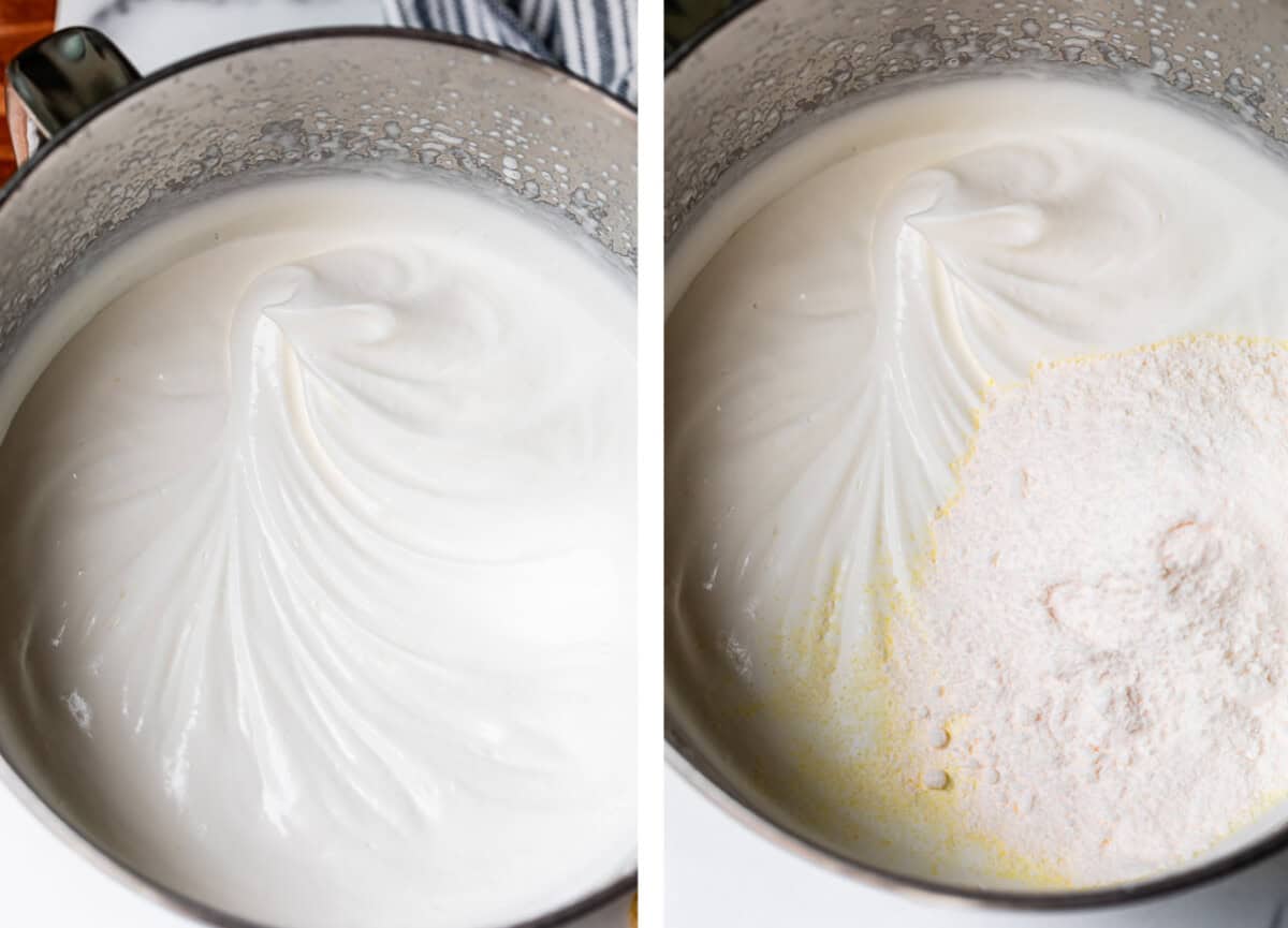 left whipped cream whipped to soft peaks in metal mixing bowl, right pudding mix added to it.