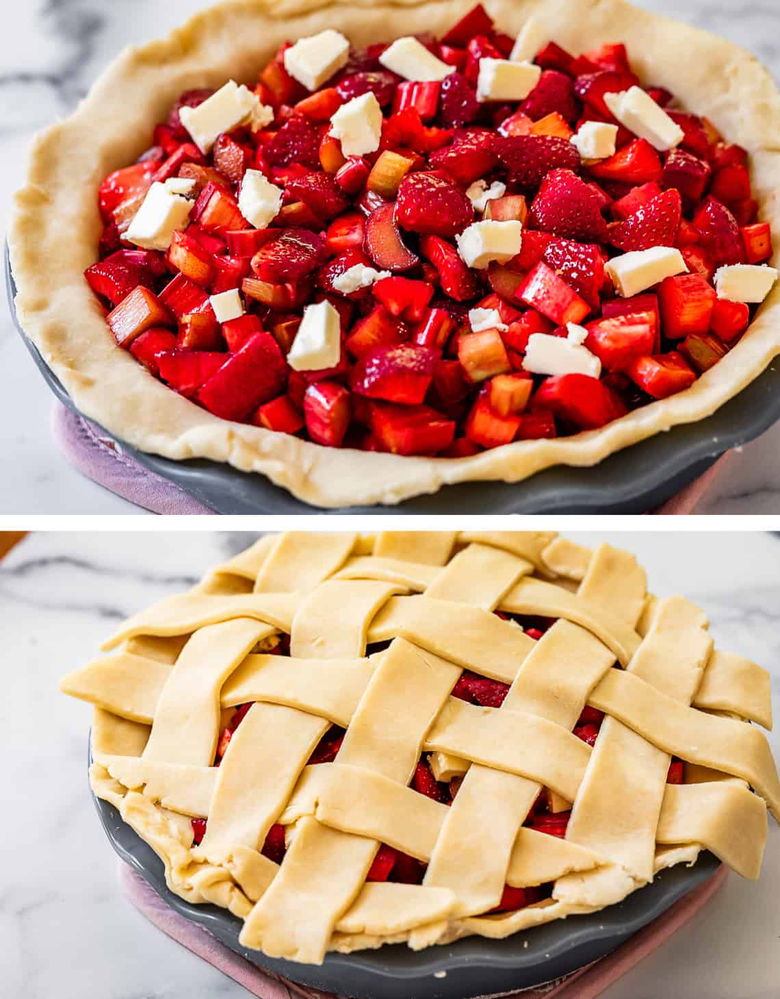 top pic: butter dotting top of filling in crust, bottom lattice crust laid on top.