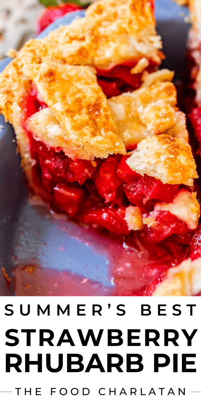 pinterest image of a slice of strawberry rhubarb pie with text "summer's best strawberry rhubarb pie".