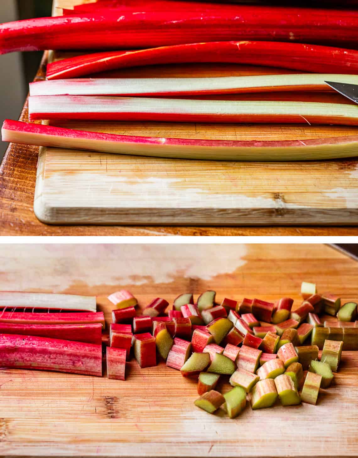 top pic: several stalks of rhubarb sliced lengthwise, bottom: the sliced stalks being cut perpendicular into cubes.